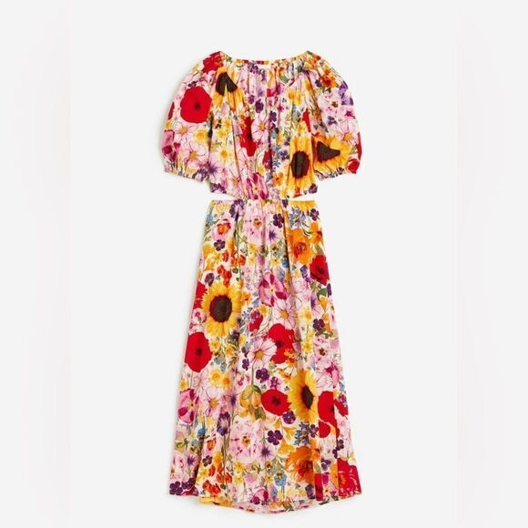 H&M Floral Cut Out Dress Puff Sleeves New - Picture 2 of 4